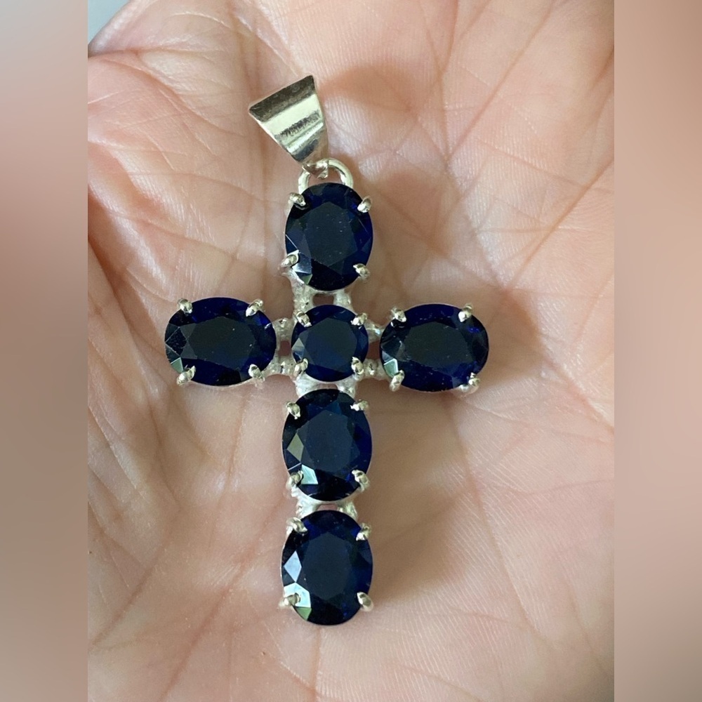 Hand Crafted Blue Gemstone Cross Pendant